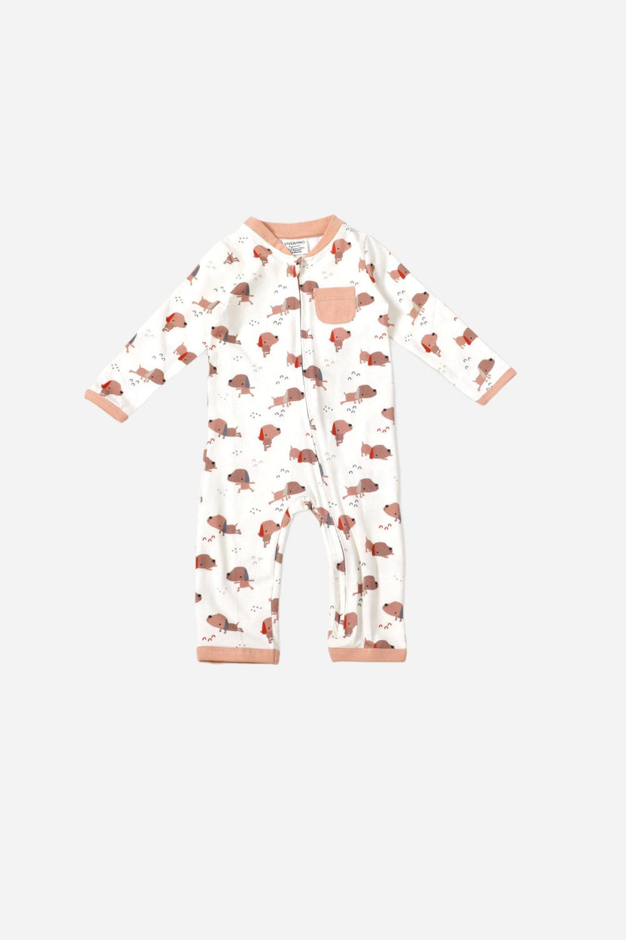 Viverano Yoga Dog Pocket & Zipper Baby Jumpsuit in Natural – front view