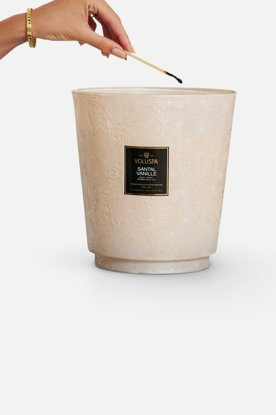 Voluspa 5 Wick Hearth Candle in Santal Vanille – side view