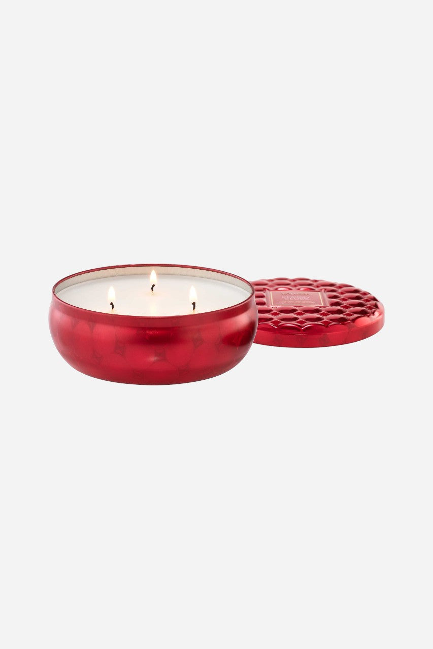 Voluspa Cherry Gloss 3 Wick Tin Candle, 12 oz. – back view