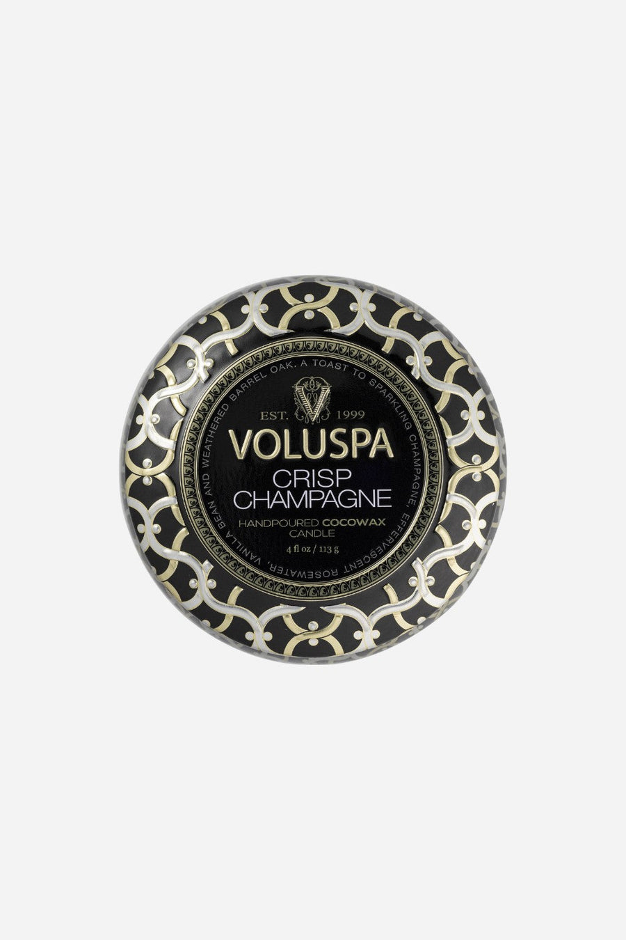 Voluspa Crisp Champagne Mini Tin Candle – back view