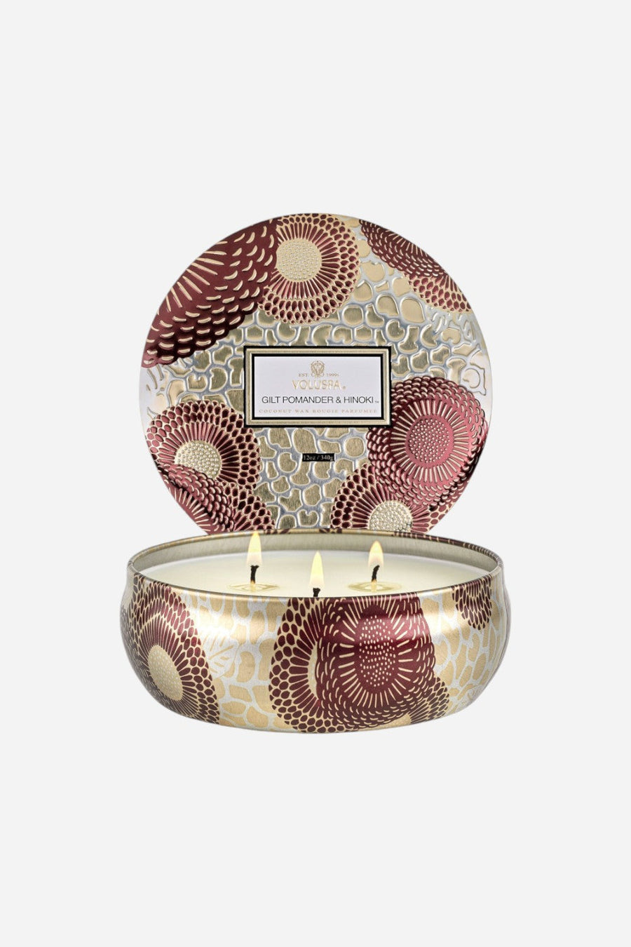 Voluspa Gilt Pomander & Hinoki 3 Wick Tin Candle, 12oz – back view