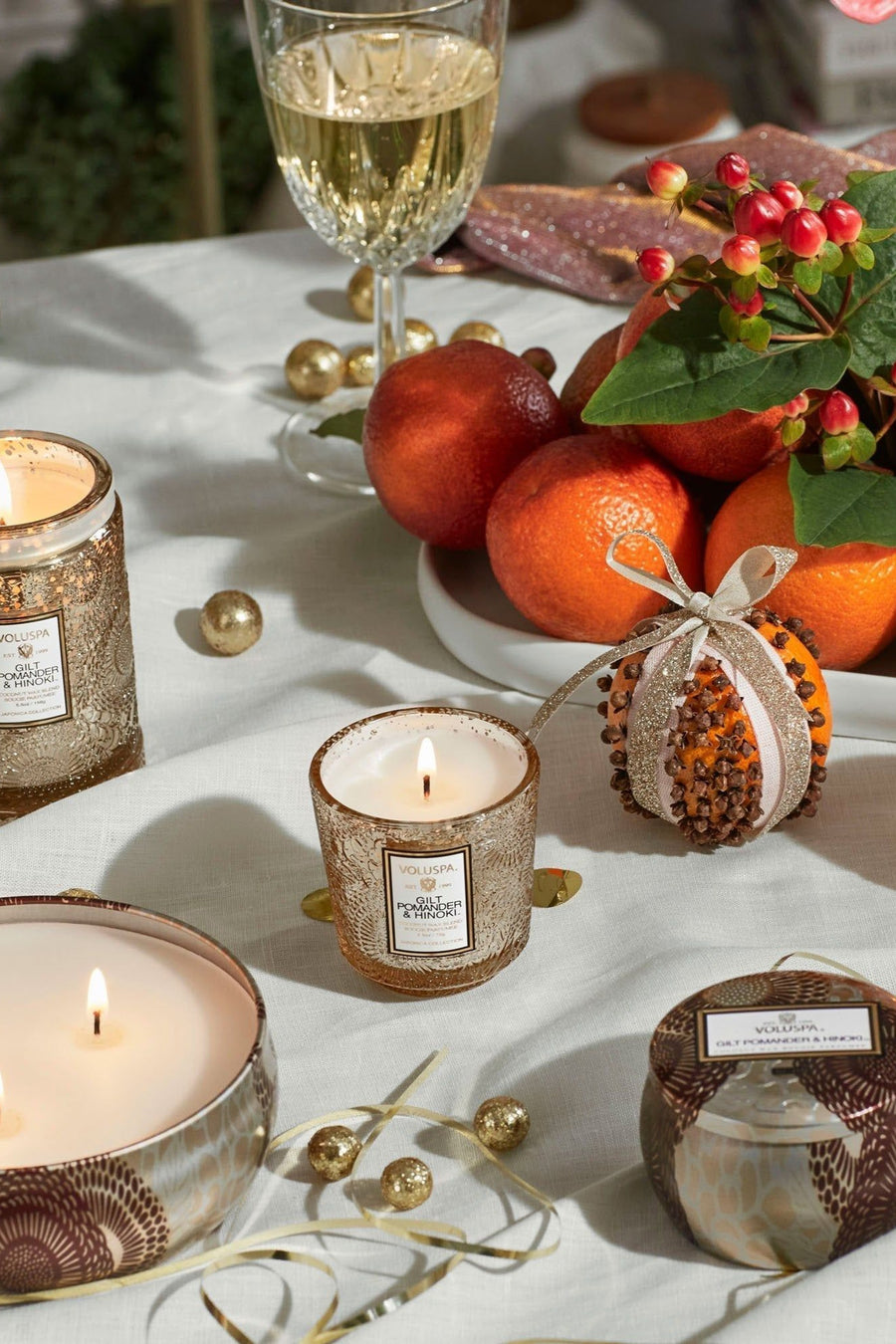 Voluspa Gilt Pomander & Hinoki 3 Wick Tin Candle, 12oz – detail