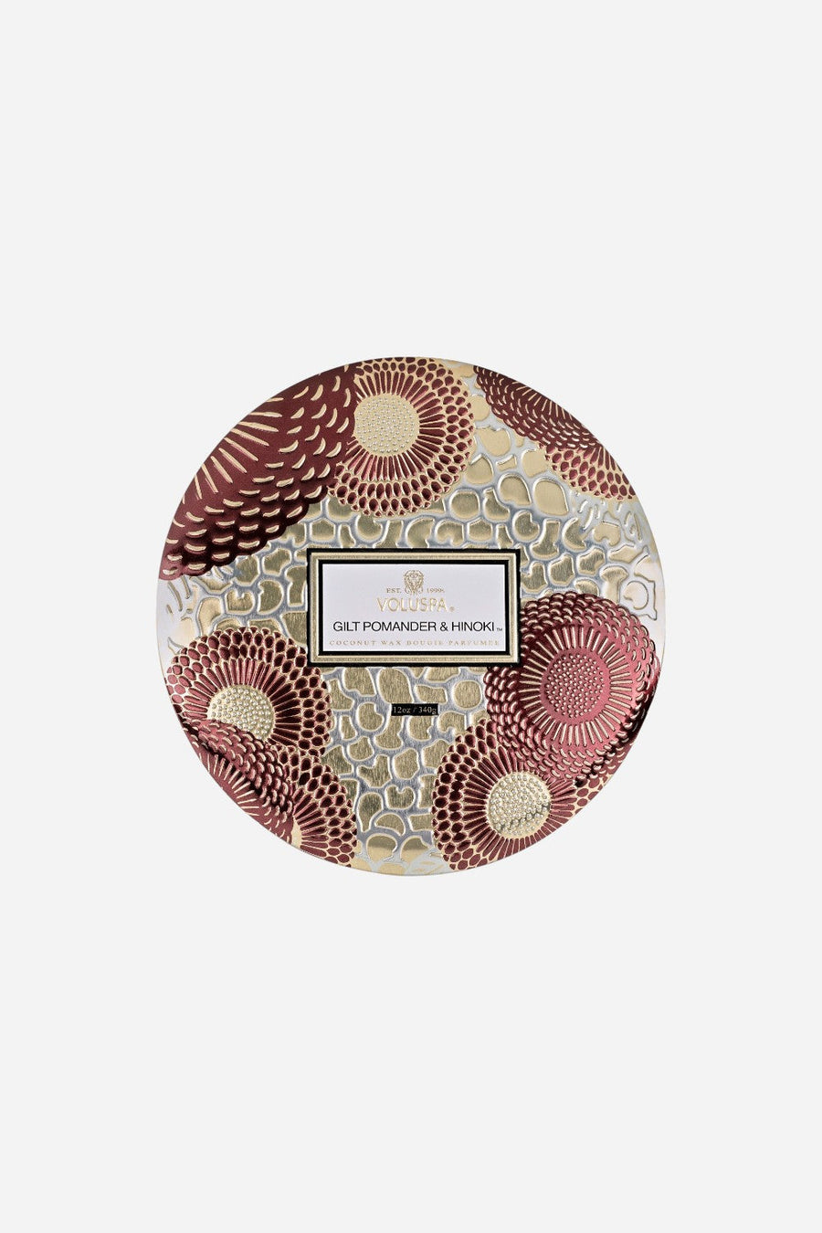 Voluspa Gilt Pomander & Hinoki 3 Wick Tin Candle, 12oz – front view