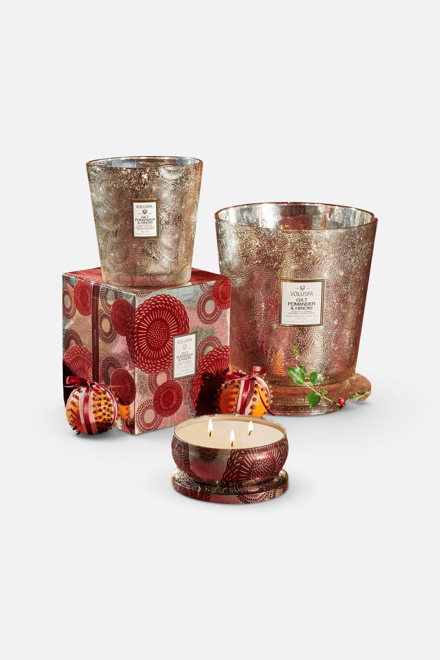 Voluspa Gilt Pomander & Hinoki 3 Wick Tin Candle, 12oz – side view