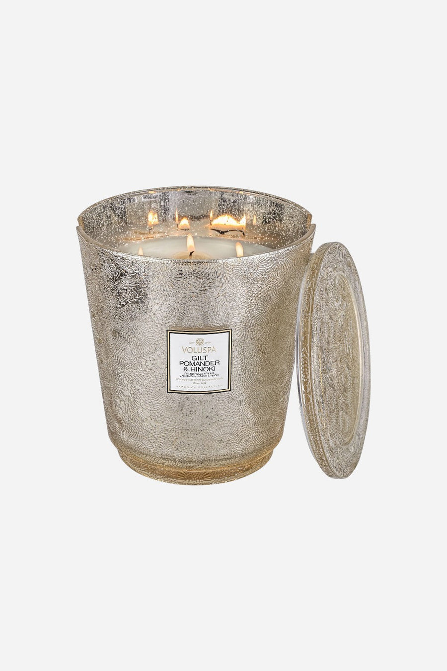 Voluspa Gilt Pomander & Hinoki 5 Wick Hearth Candle – back view