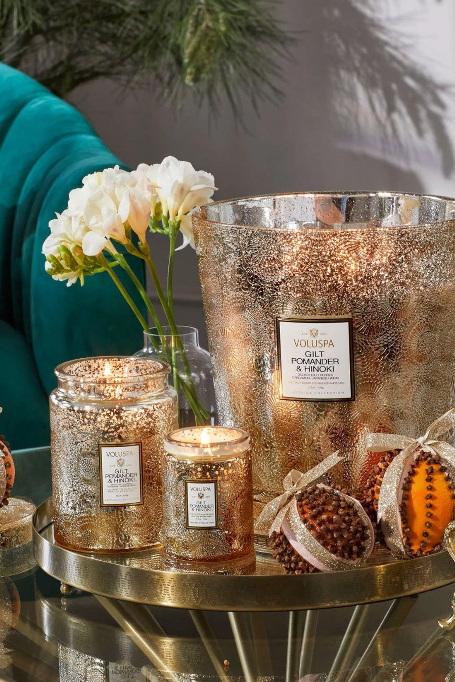 Voluspa Gilt Pomander & Hinoki 5 Wick Hearth Candle – side view