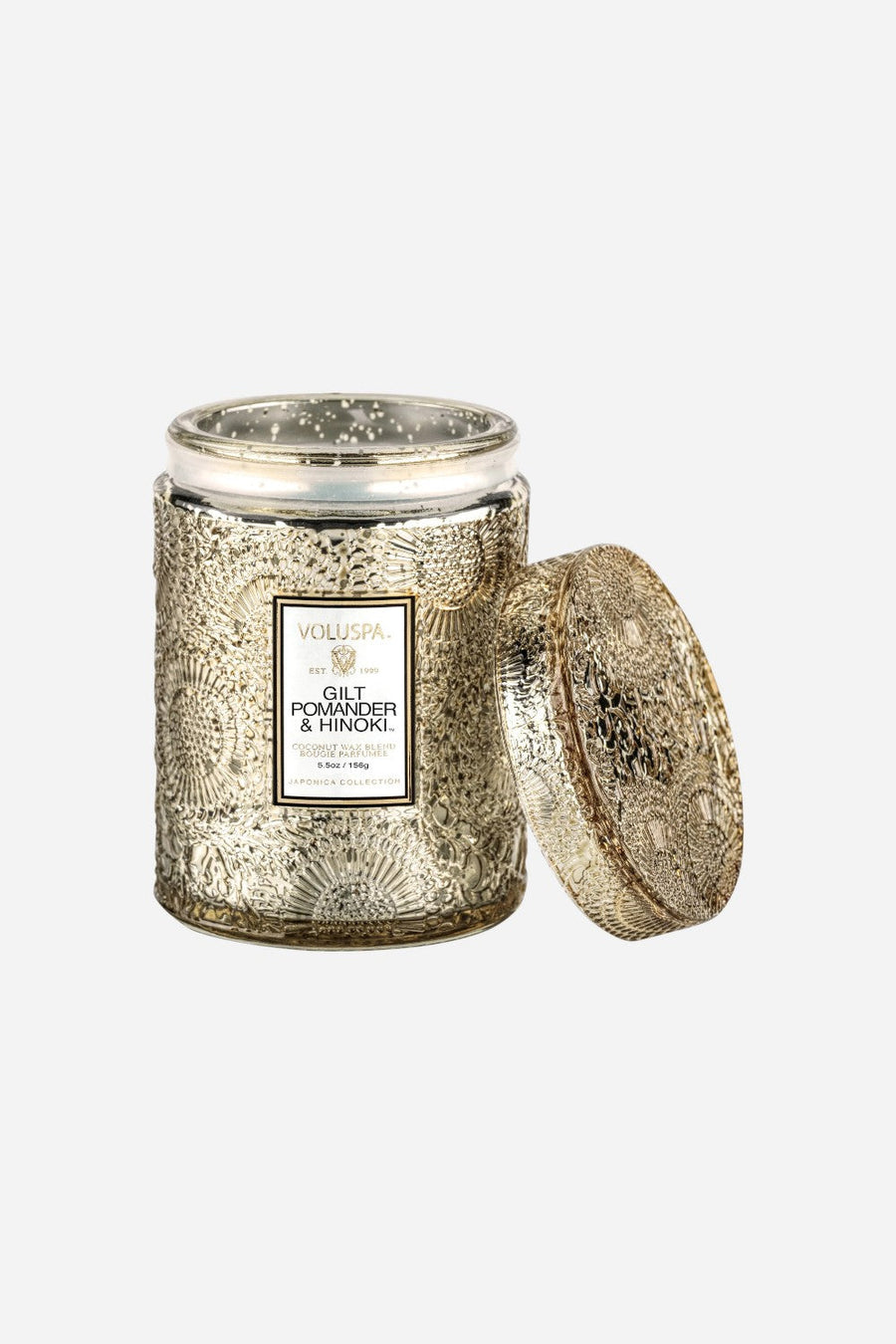 Voluspa Gilt Pomander & Hinoki Small Embossed Glass Candle – back view