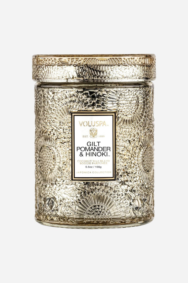 Voluspa Gilt Pomander & Hinoki Small Embossed Glass Candle