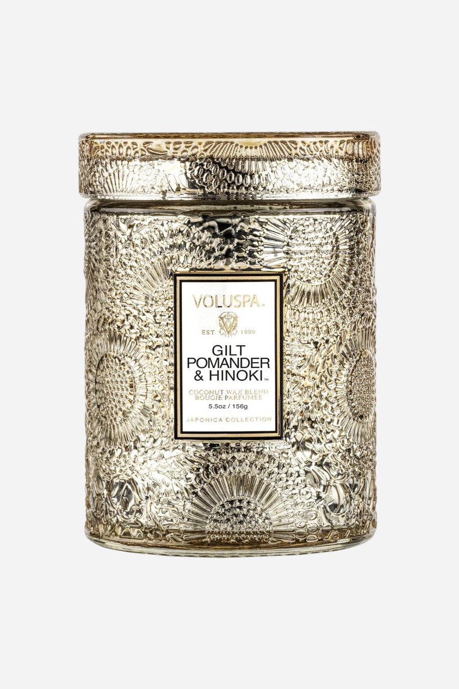 Voluspa Gilt Pomander & Hinoki Small Embossed Glass Candle – front view