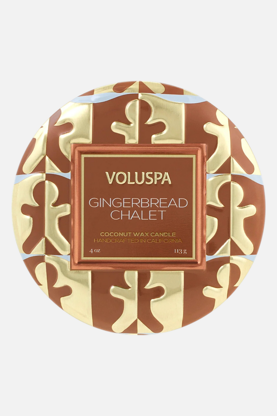Voluspa Gingerbread Chalet Mini Tin 4 oz Candle – back view