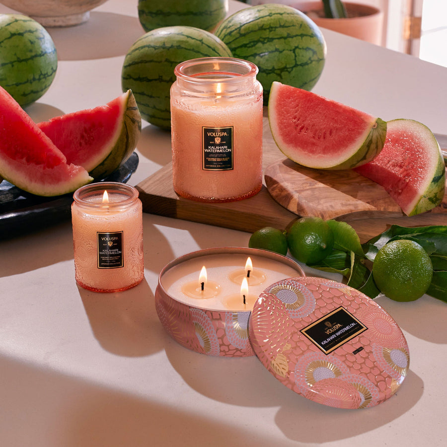 Voluspa Kalahari Watermelon Small Jar Candle with Lid, 5.5 oz. – side view