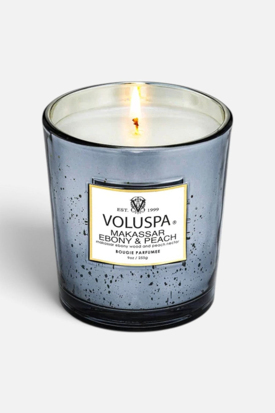 Voluspa Makassar Ebony & Peach Classic Boxed Candle – side view