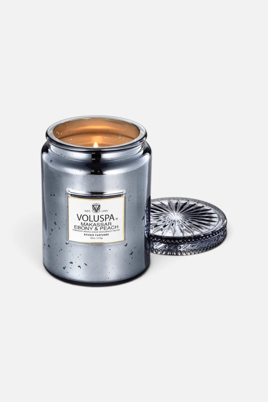 Voluspa Makassar Ebony & Peach Large Speckle Jar Candle – side view