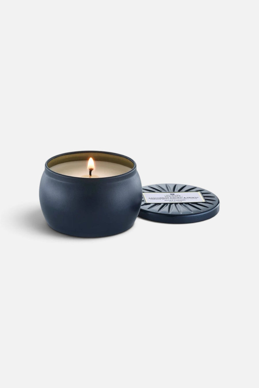 Voluspa Makassar Ebony & Peach Mini Tin Candle – back view