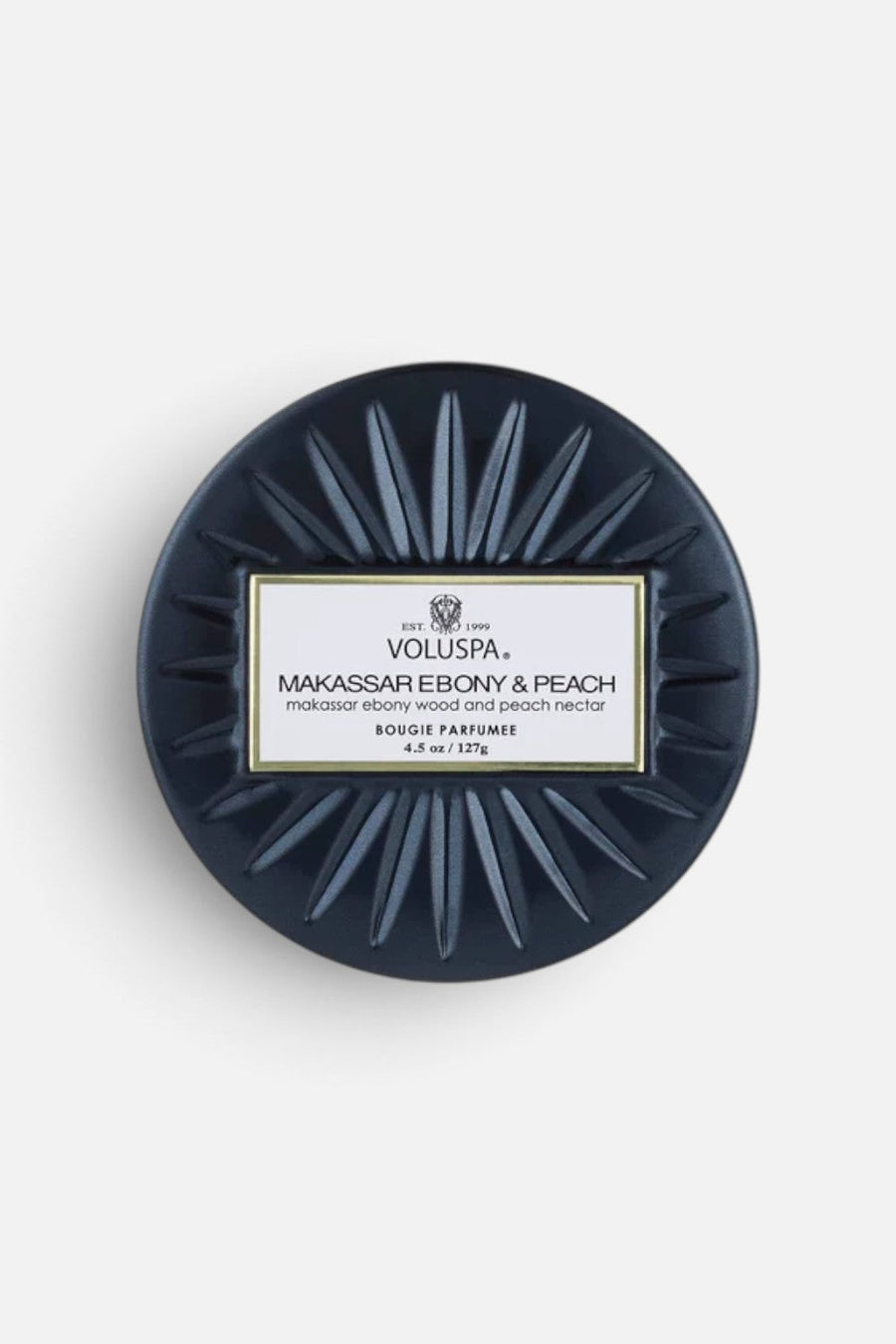 Voluspa Makassar Ebony & Peach Mini Tin Candle – front view
