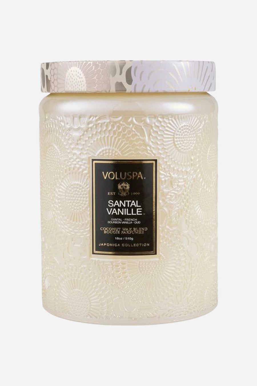 Voluspa Santal Vanille Large Glass Jar Candle – back view