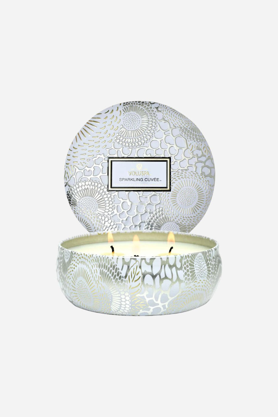 Voluspa Sparkling Cuvée 3 Wick Tin Candle – back view