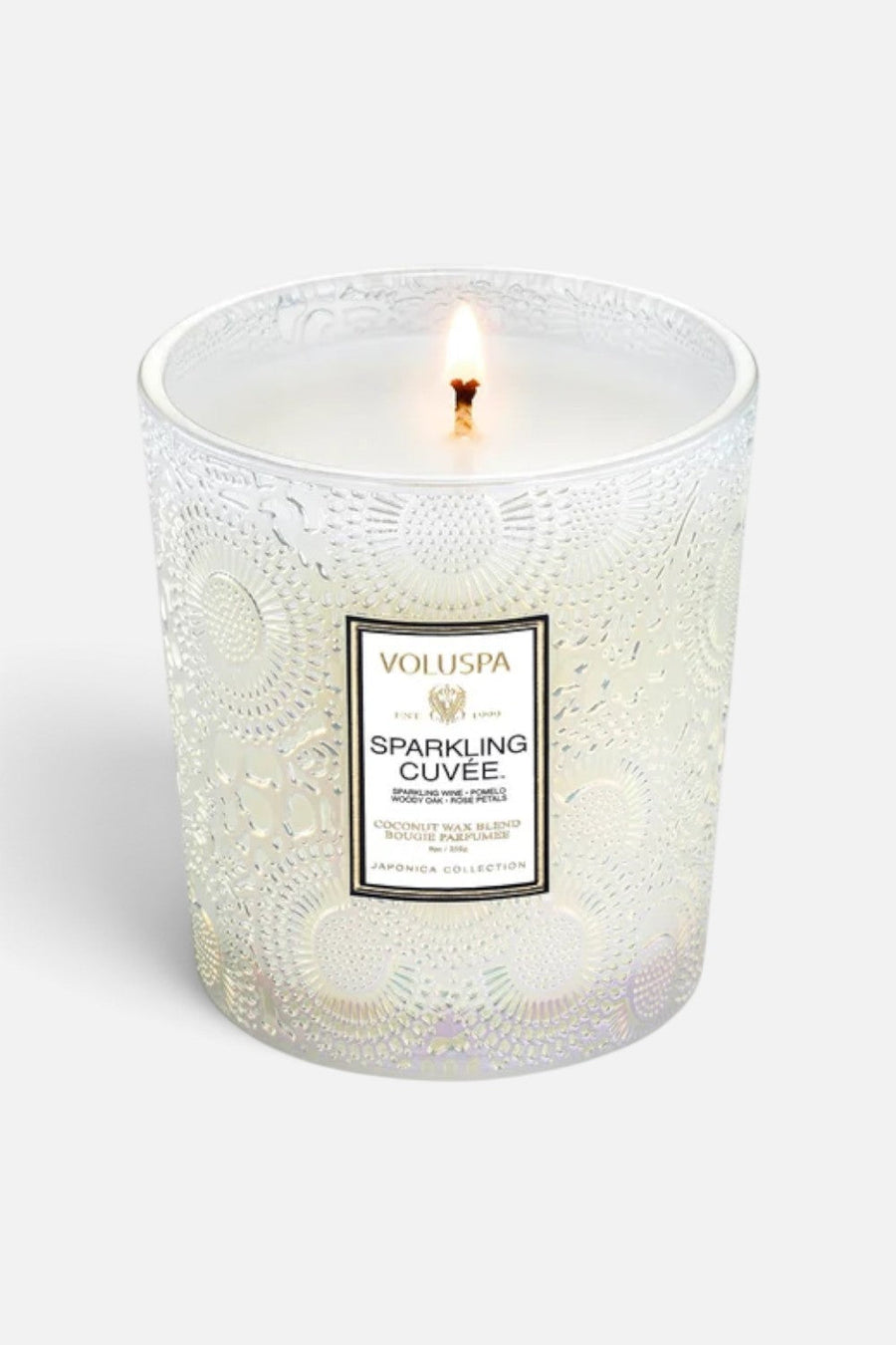 Voluspa Sparkling Cuvee Classic Boxed Candle – flat lay