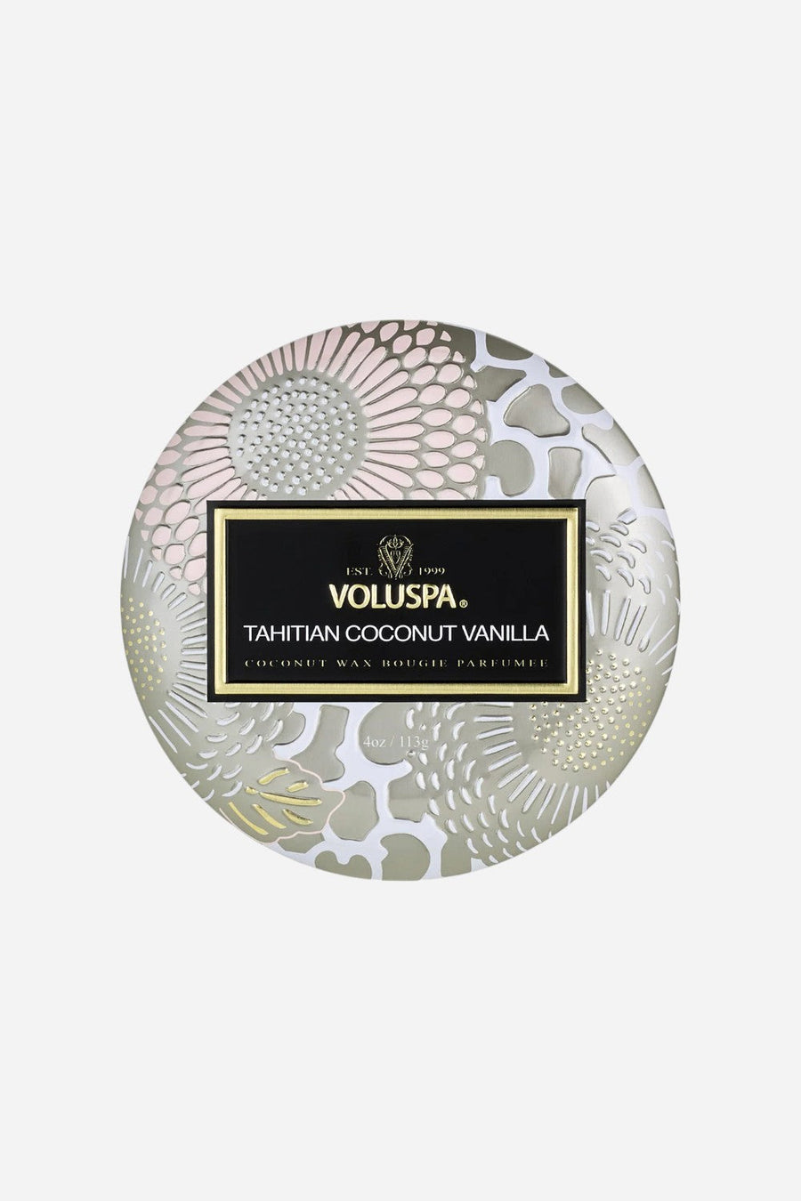 Voluspa Tahitian Coconut Vanilla Mini Tin Candle – front view