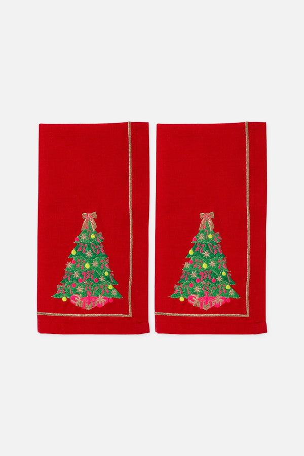 Vondels Christmas Tree Embroidered Napkins in Red, Set of 2