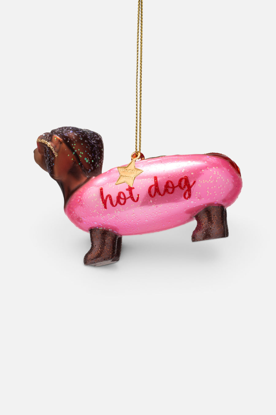 Vondels Glass Bubblegum Pink Hotdog Dachshund Ornament – back view
