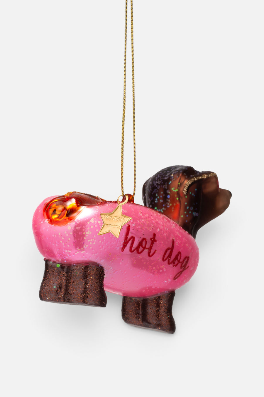 Vondels Glass Bubblegum Pink Hotdog Dachshund Ornament – side view