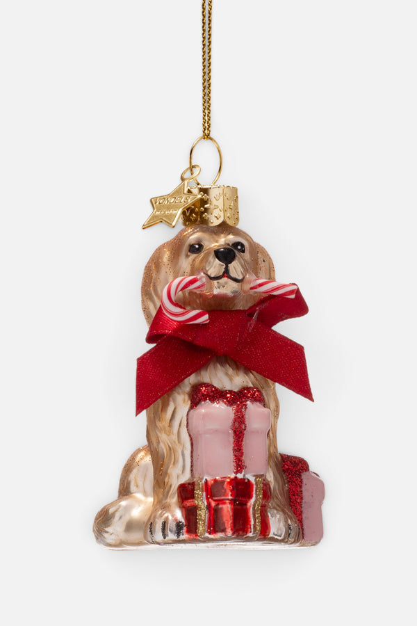 Glass Cockapoo Dog with Candy Cane Ornament