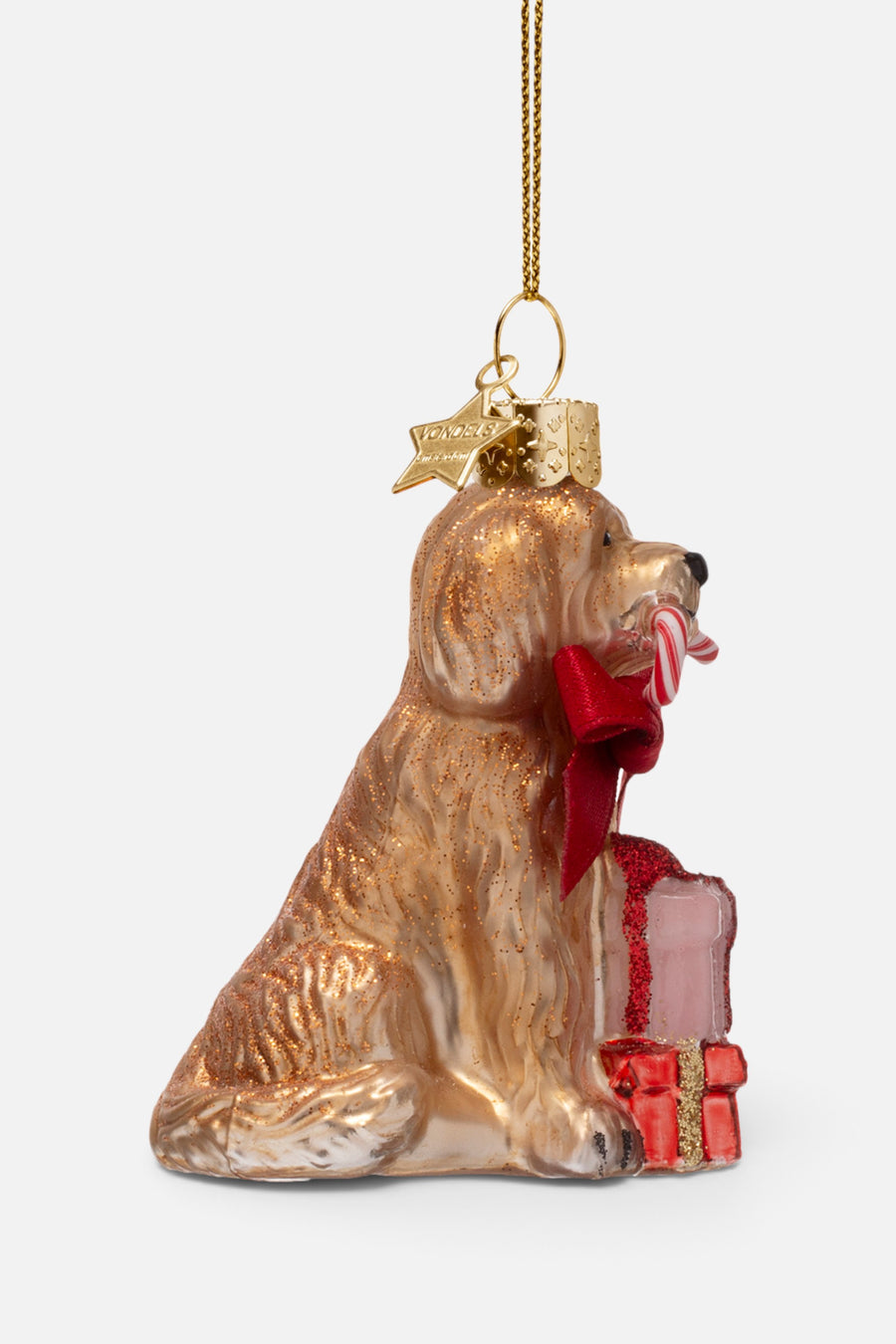 Vondels Glass Cockapoo Dog with Candy Cane Ornament – side view