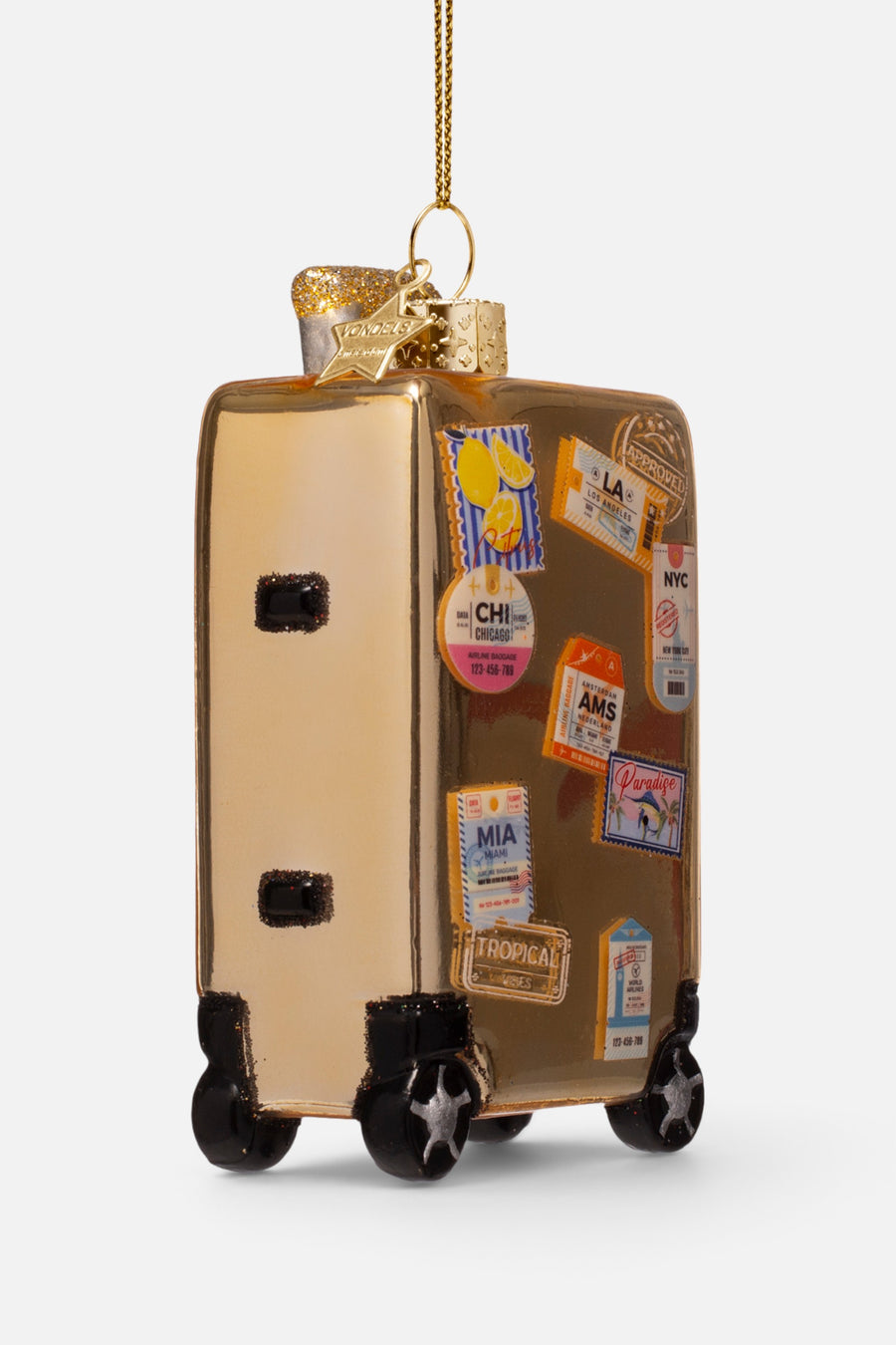Vondels Glass Gold Suitcase with Stickers Ornament – alternate