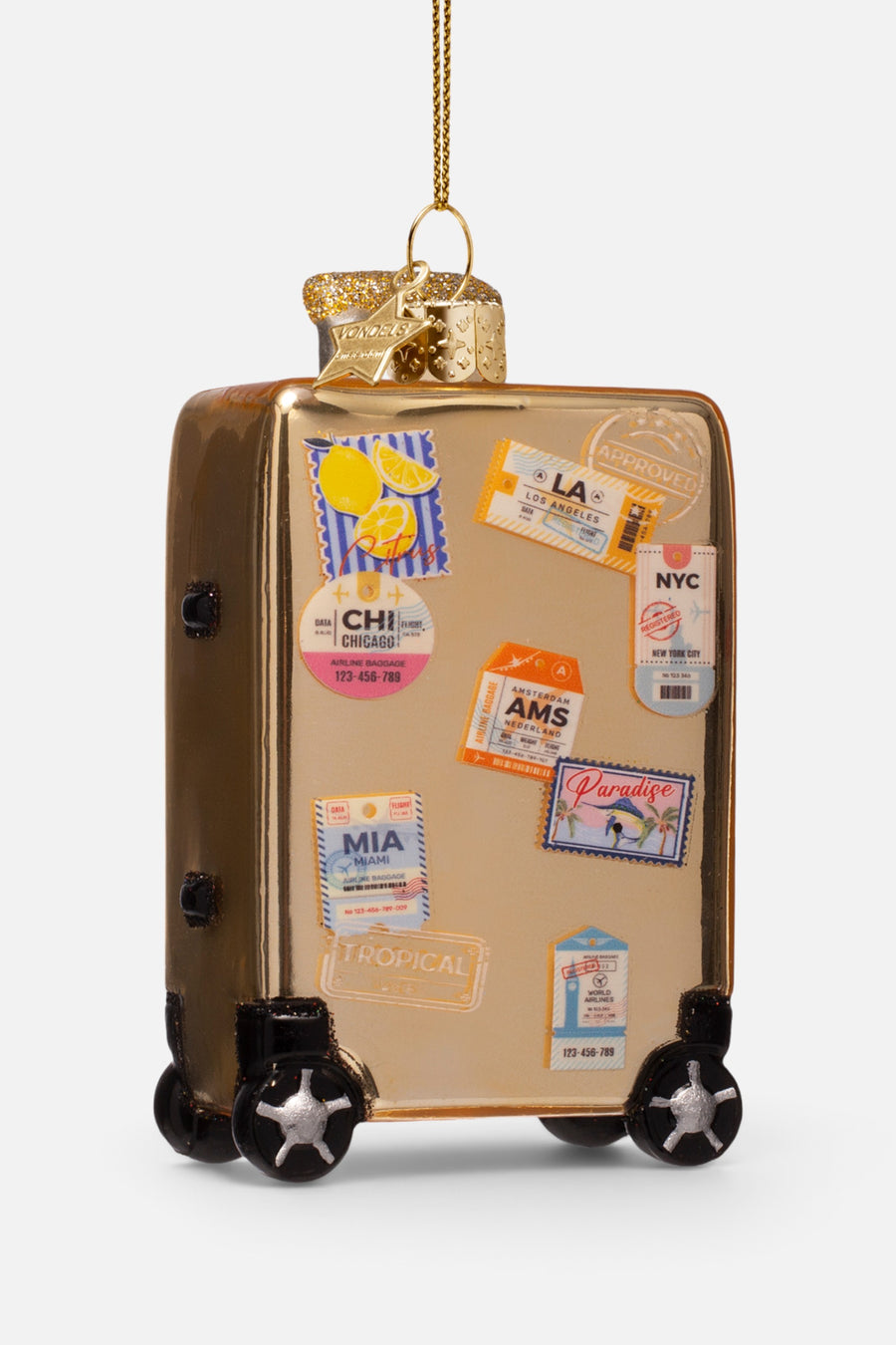 Vondels Glass Gold Suitcase with Stickers Ornament – front view