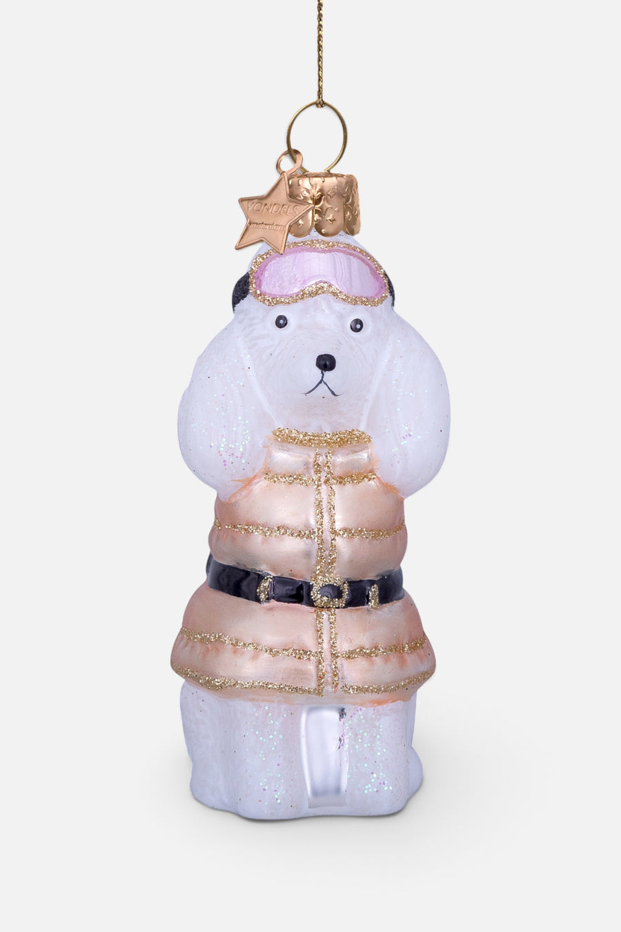Vondels Glass White Poodle with Beige Shirt Ornament – front view