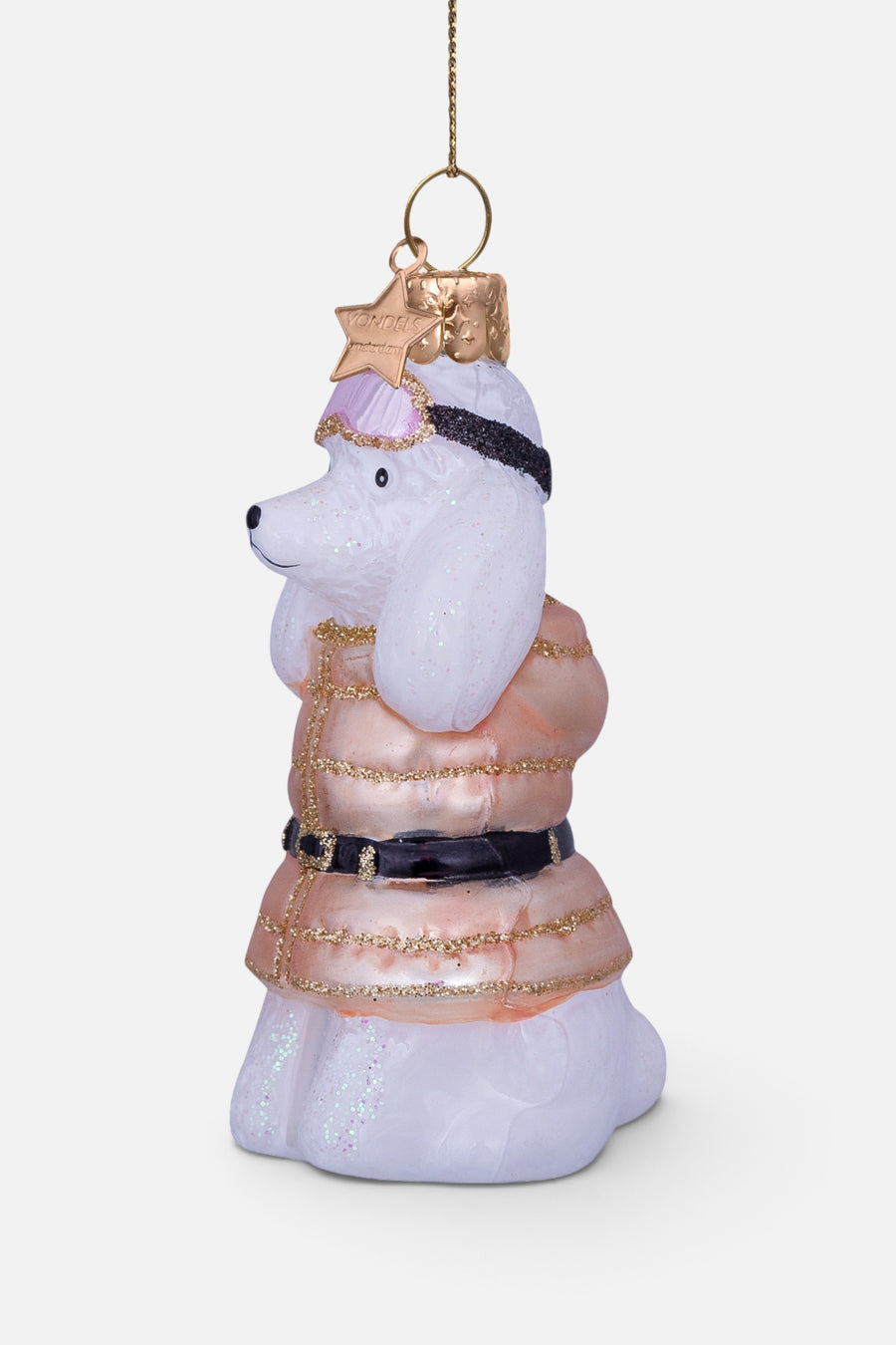 Vondels Glass White Poodle with Beige Shirt Ornament – side view