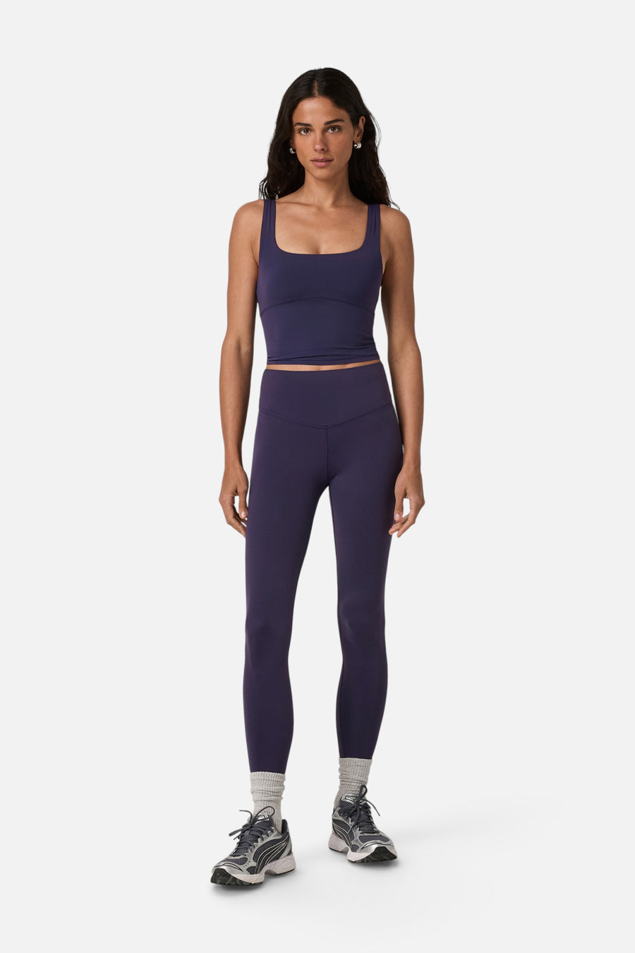 Vuori AllTheForm Support Tank in Velvet Violet – full length