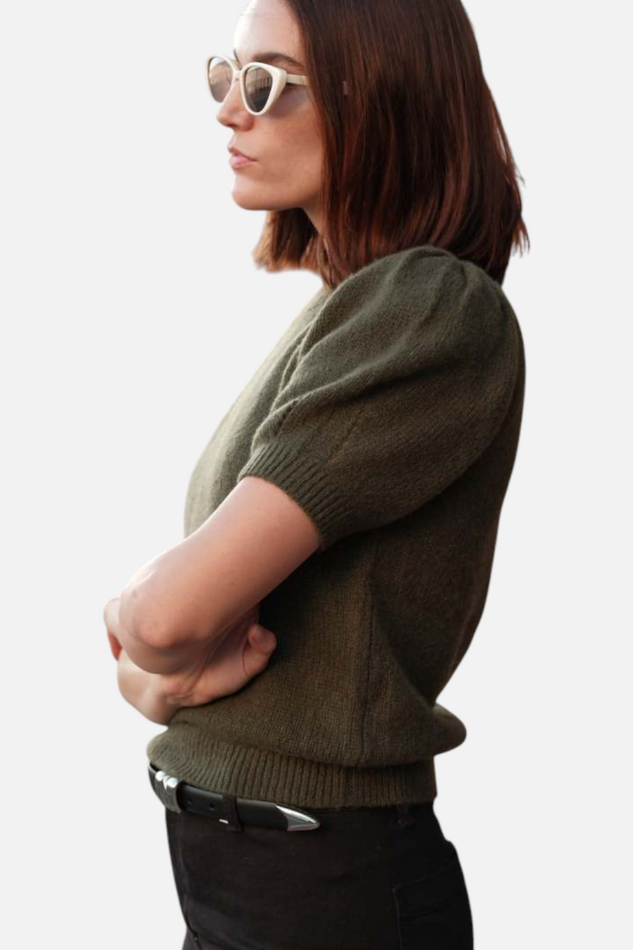 W. Cashmere Aria Short Sleeve Pullover in Bay Leaf – back view