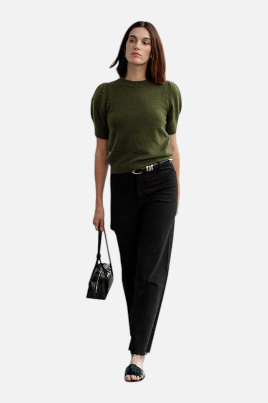 W. Cashmere Aria Short Sleeve Pullover in Bay Leaf – side view