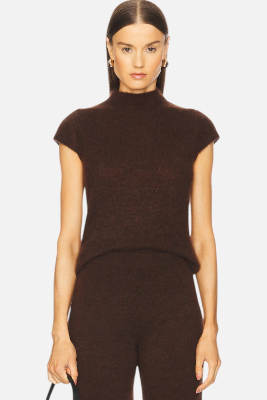 W. Cashmere Brigitte Mock Neck Short Sleeve in Americano – on model