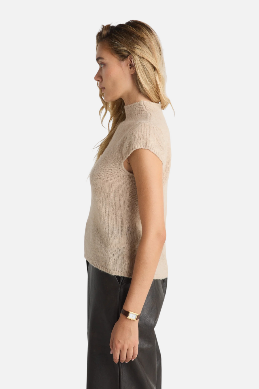 W. Cashmere Brigitte Mock Neck Short Sleeve in Jute – back view