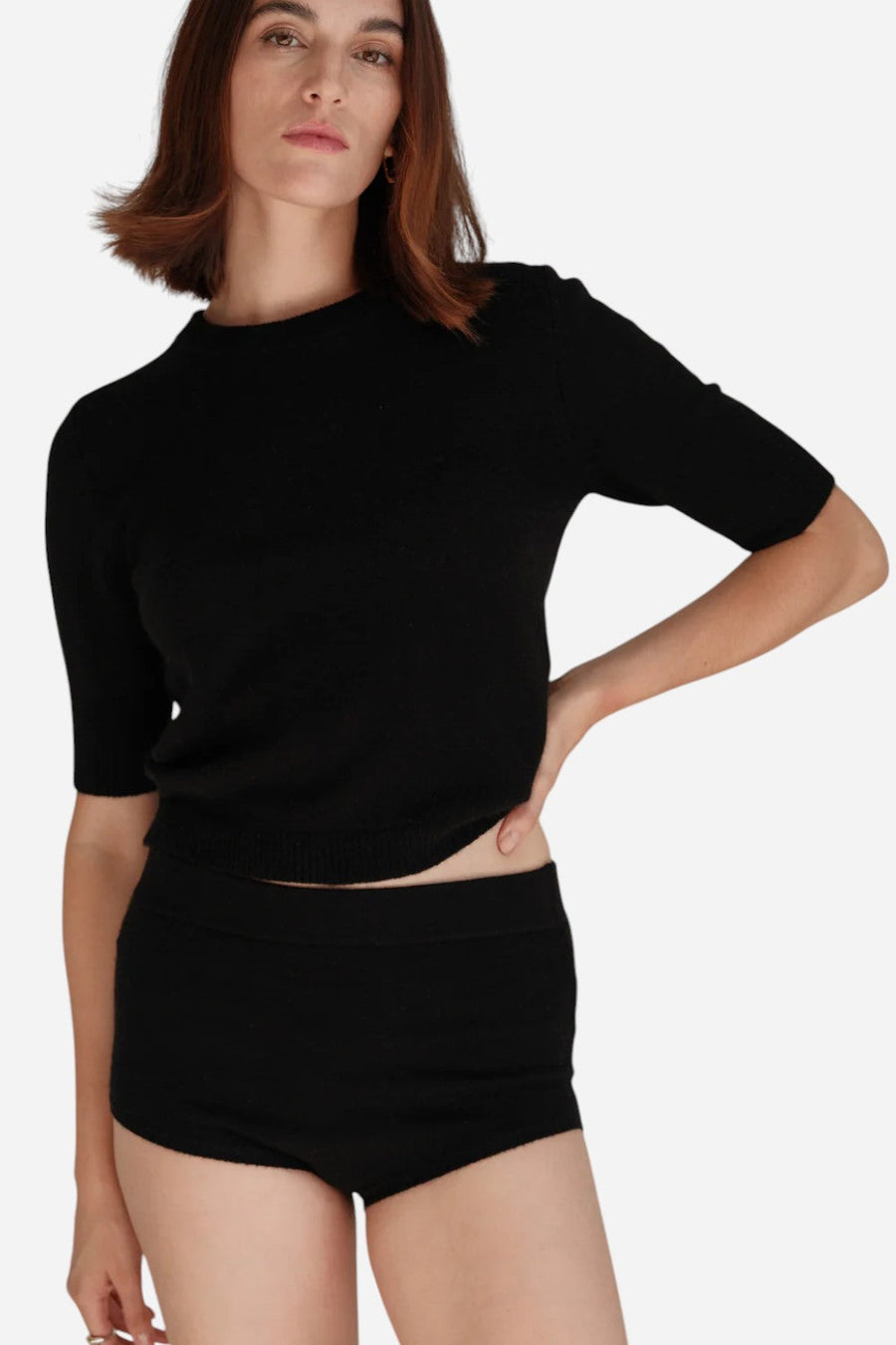 W. Cashmere Celina Short Sleeve Crewneck in Black – front view
