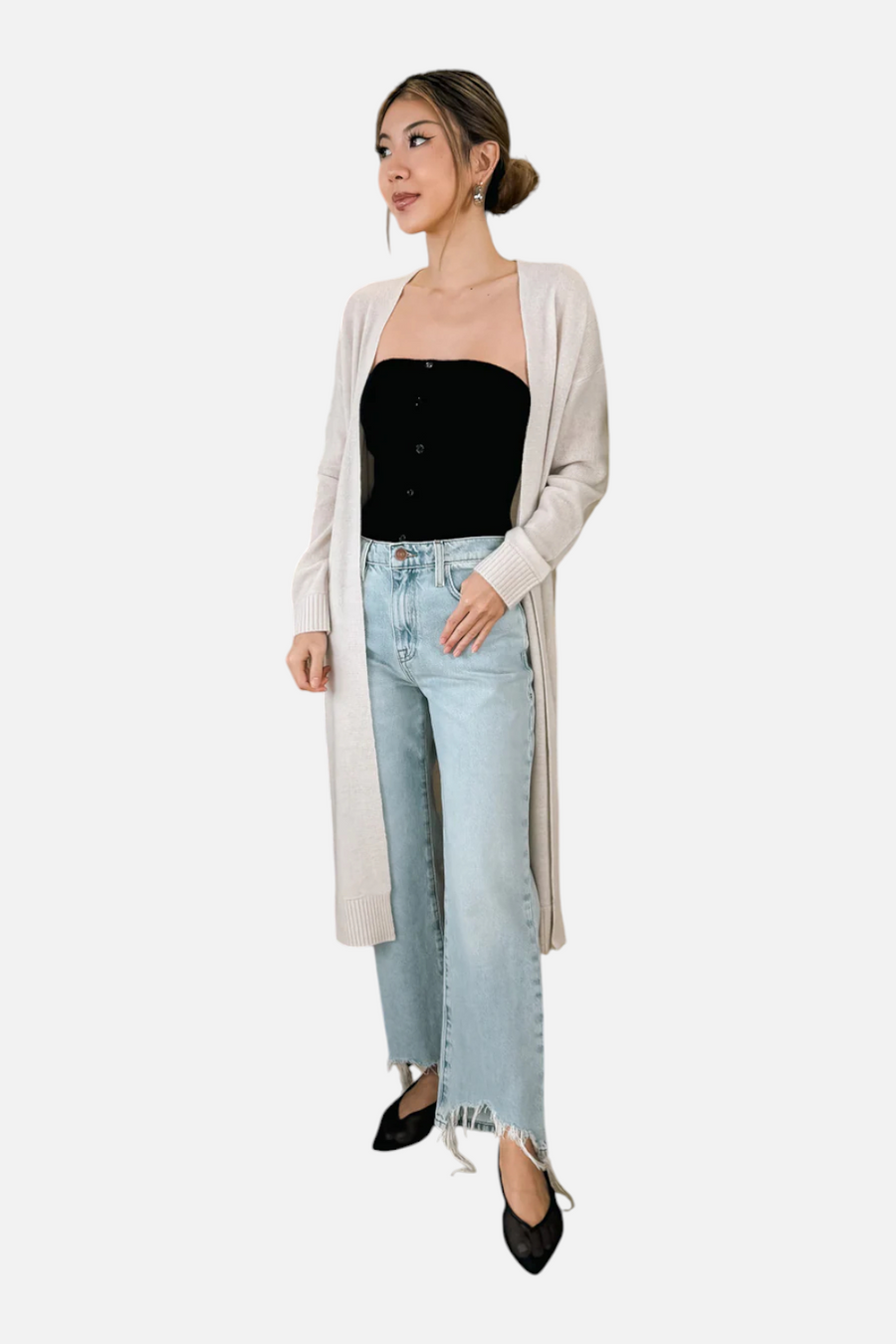 W. Cashmere Mario Open Cardigan in Fog – front view