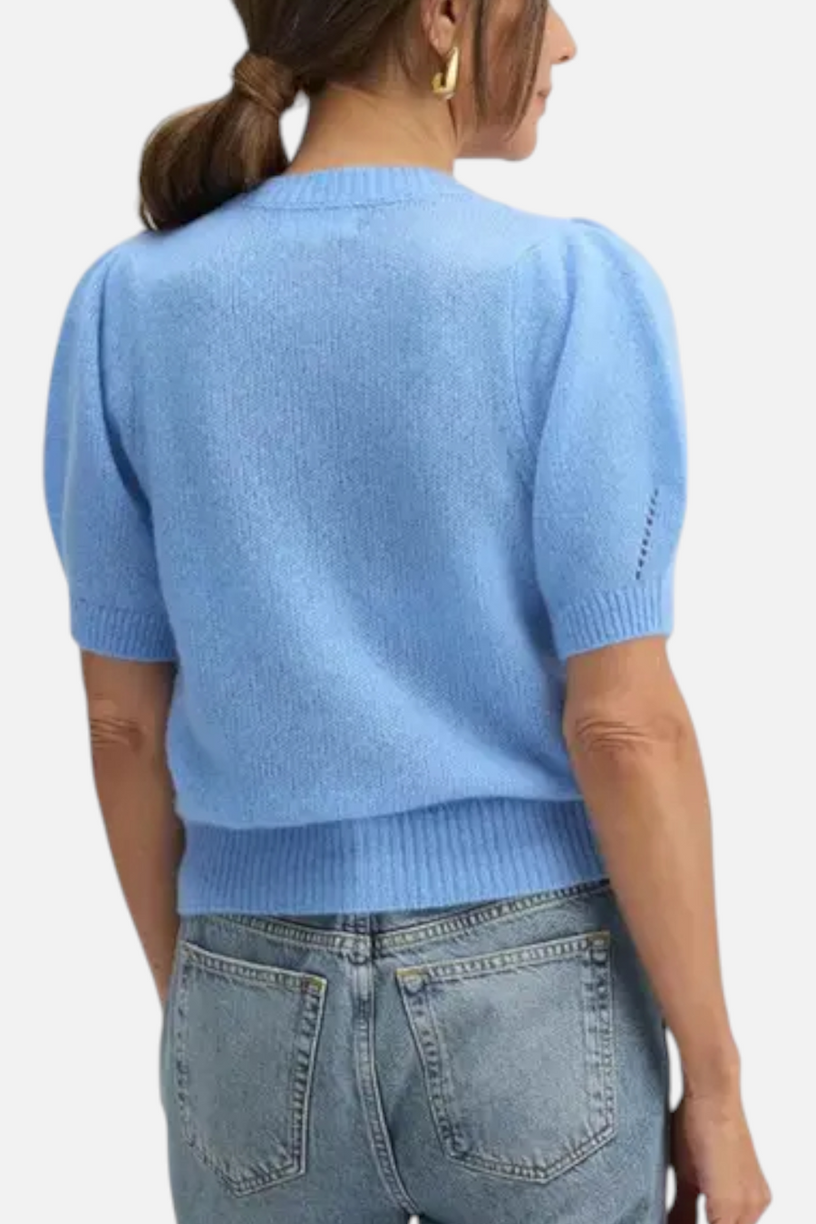 W. Cashmere Sheila Puff Sleeve Short Sleeve Cardi Cornflower – back view