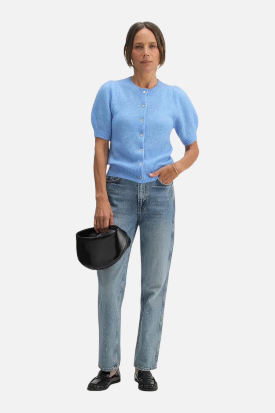 W. Cashmere Sheila Puff Sleeve Short Sleeve Cardi Cornflower – front view