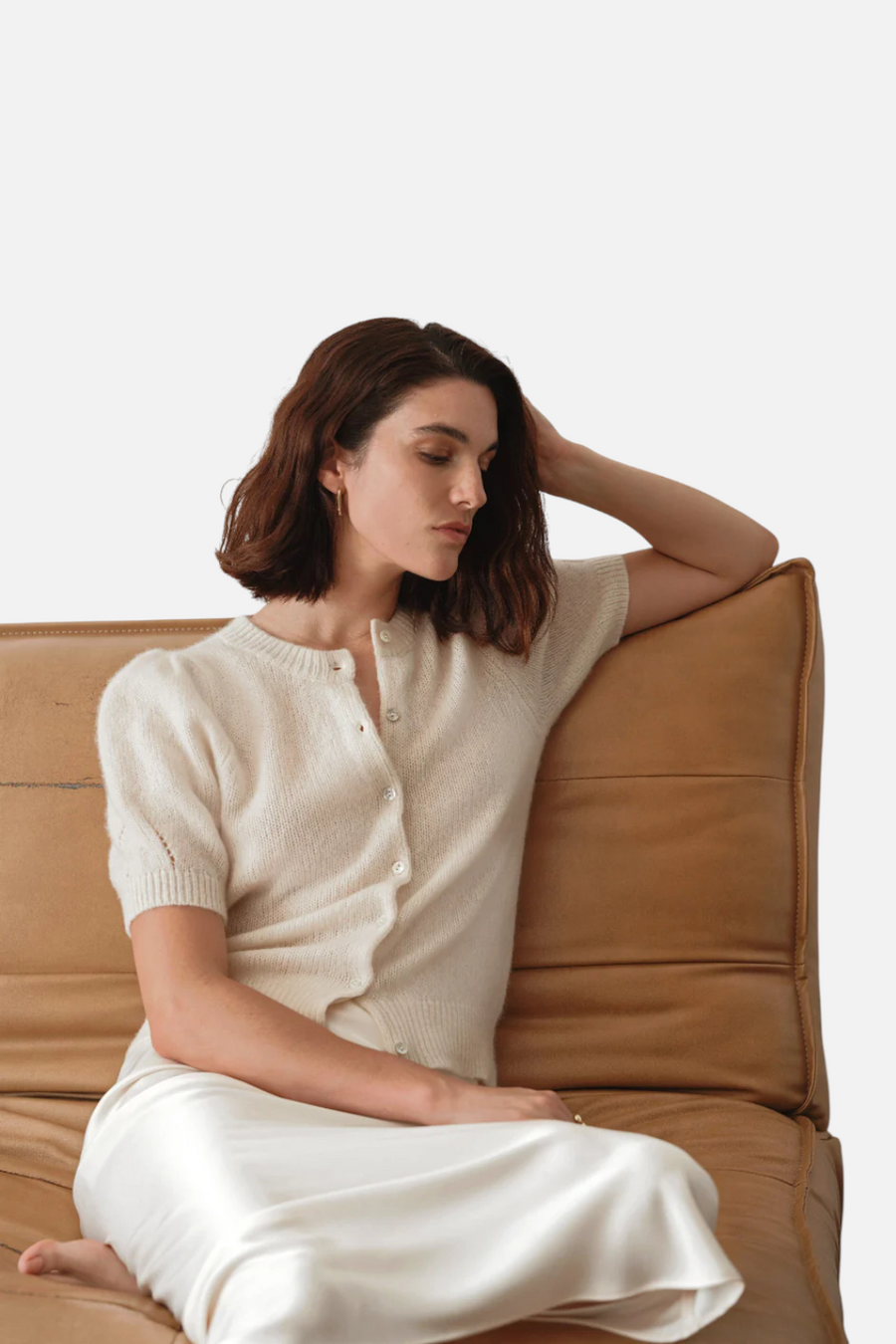 W. Cashmere Sheila Puff Sleeve Short Sleeve Cardi in Ivory – side view