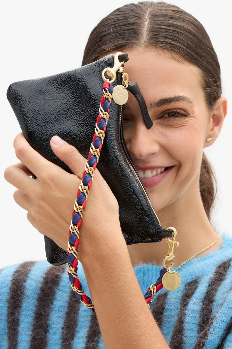 Wallet Clutch with Tabs in Black Crinkle Patent – side view