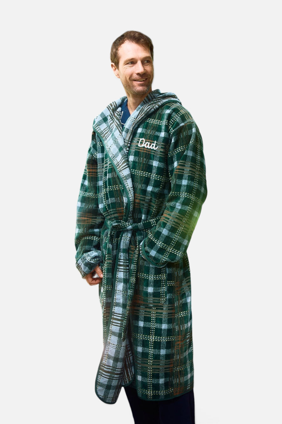 Weezie Men's Plush Robe in Green Dad Plaid – on model
