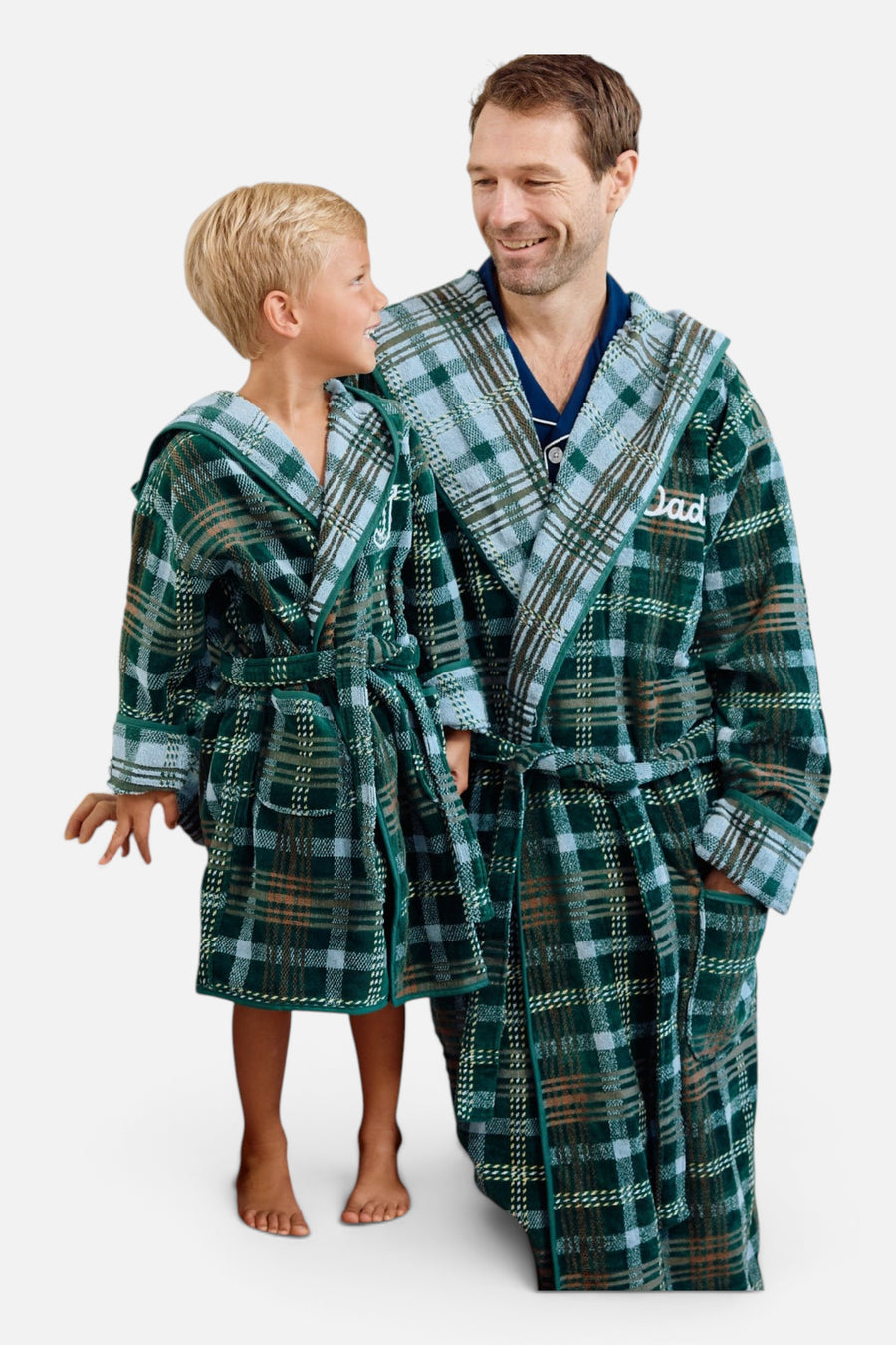 Weezie Men's Plush Robe in Green Dad Plaid – on model