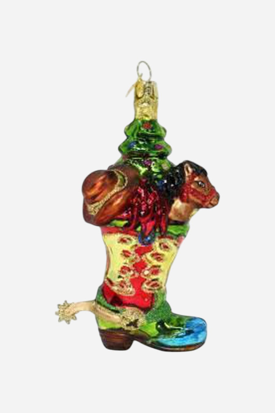 Western Boot With Christmas Tree Glass Ornament – front view
