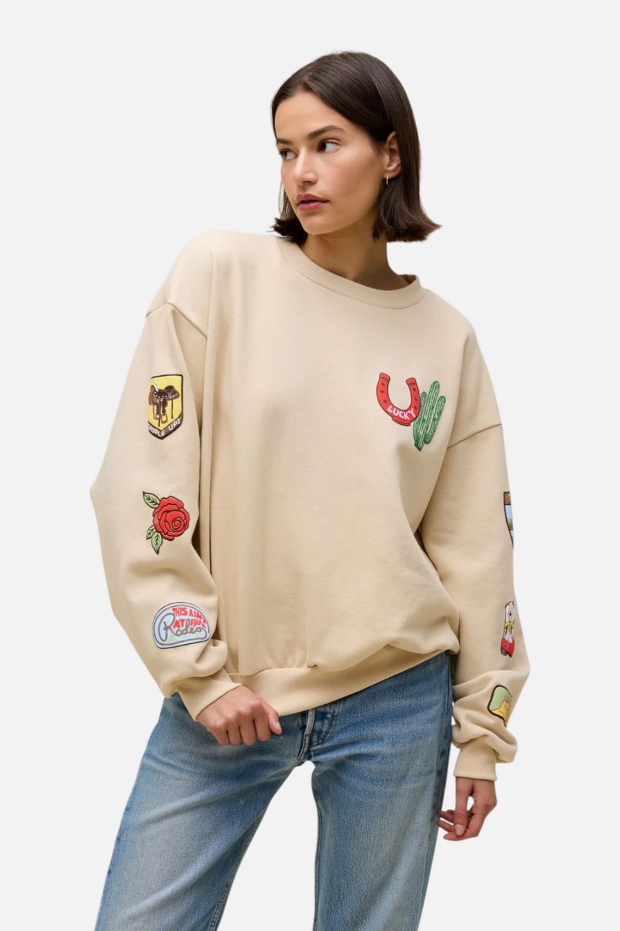 Daydreamer LA Women's Western Patches Oversized Crew in Sand