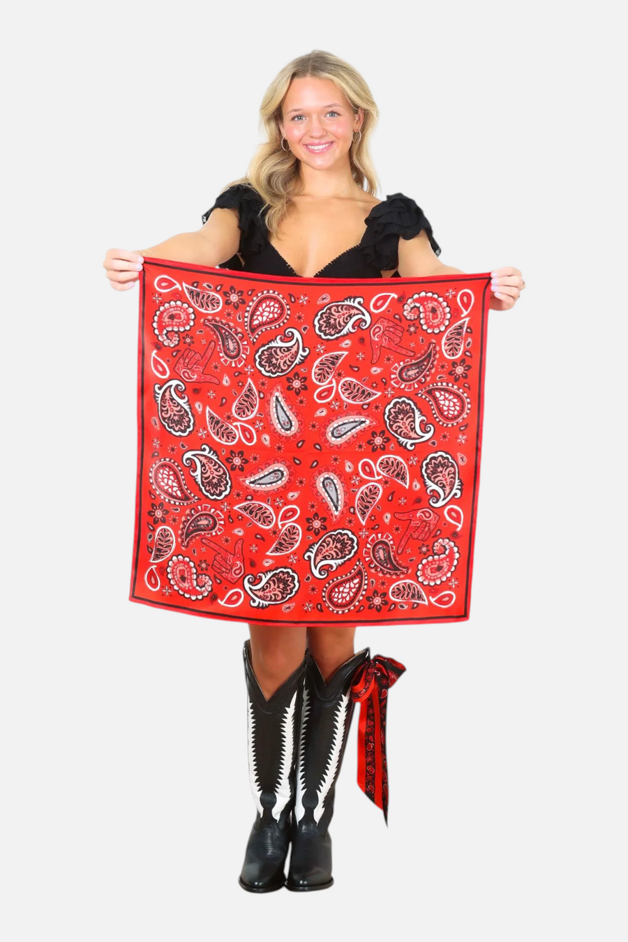Wild Silks Black Scarlett Lubbock Game Day Scarf – back view
