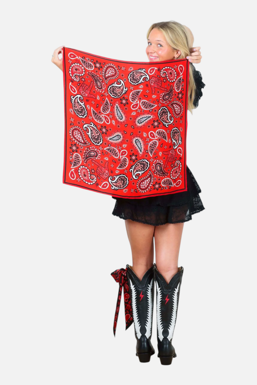 Wild Silks Black Scarlett Lubbock Game Day Scarf – side view