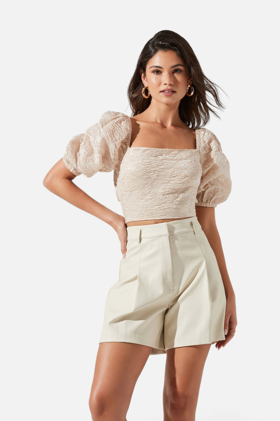 Wilma Faux Leather Shorts in Ivory – side view